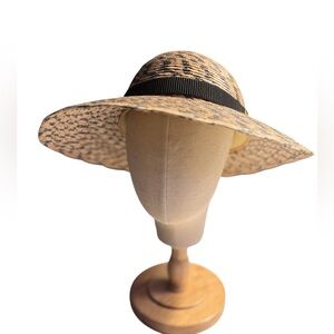 J. Tula Austin Texas Black & Tan Checkered Woven Straw Sun protect Hat Wide Brim